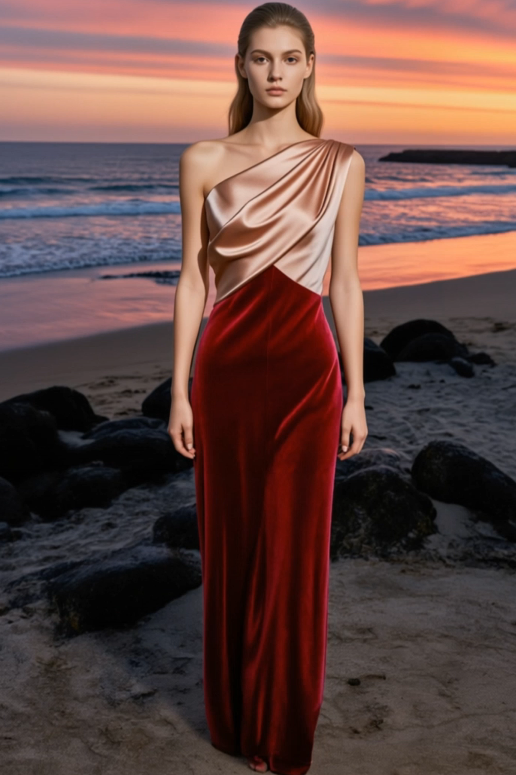 Formal Evening Dress Burgundy One Shoulder Velvet Maxi Dress