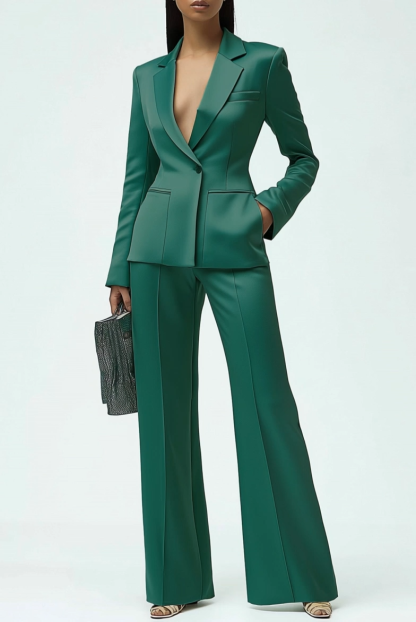 Work Formal Pants Suit Green Satin Long Sleeve Pockets Blazer Set