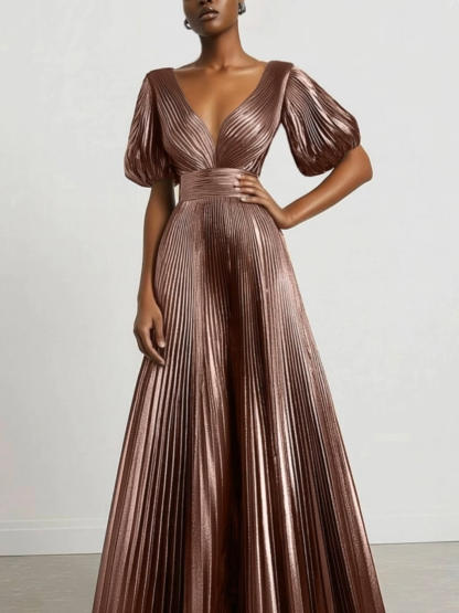 Formal Evening Dress Brown Metallic Fabric Bubble Sleeve Pleated Maxi Dress