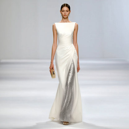 Formal Sequin Dress​​ White Crew Neck Floor-Length Dress