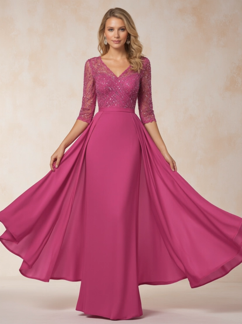 Evening Mom Dress Fuchsia V Neck With Train Lace Floor-Length Dress