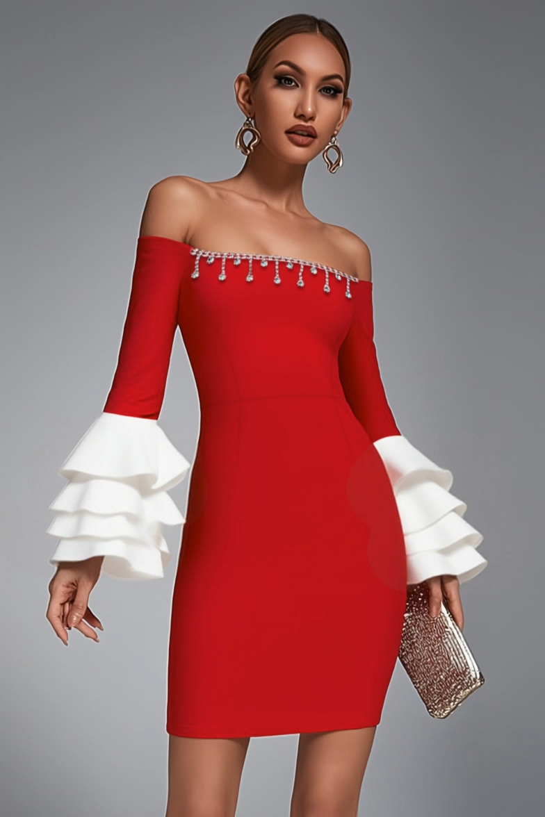 Cocktail Party Dress Red Off Shoulder Ruffle Mini Dress