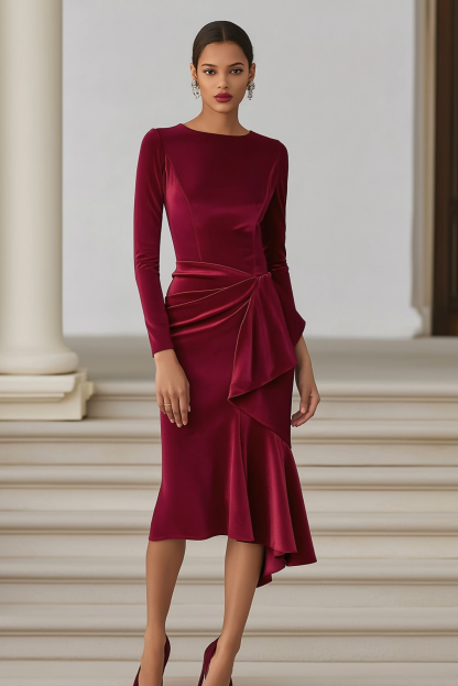 Cocktail Party Dress Burgundy Crew Neck Ruffle Midi Velvet Dress