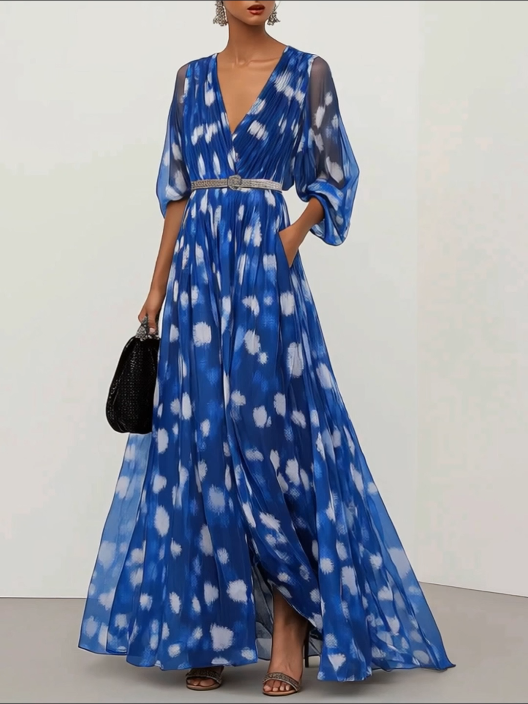 Party Casual Dress Blue V-neck White Floral Rhinestone Belt Pockets Maxi Dress