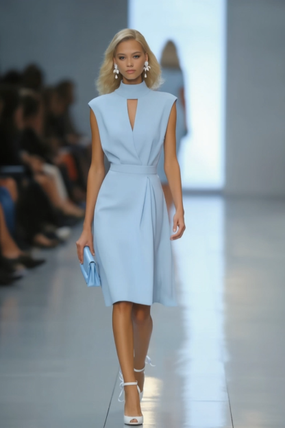 Work Dress​ Blue Sleeveless Stand Collar Knee-Length Dress