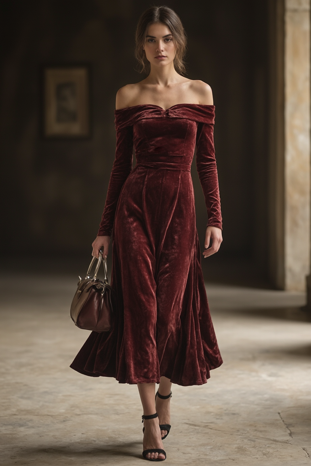 Formal Evening Velvet Dress Burgundy Off Shoulder Maxi Dress