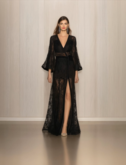 Semi-Formal Party Dress Black Lace Cover-Up Cross Neck Floor-Length Dress