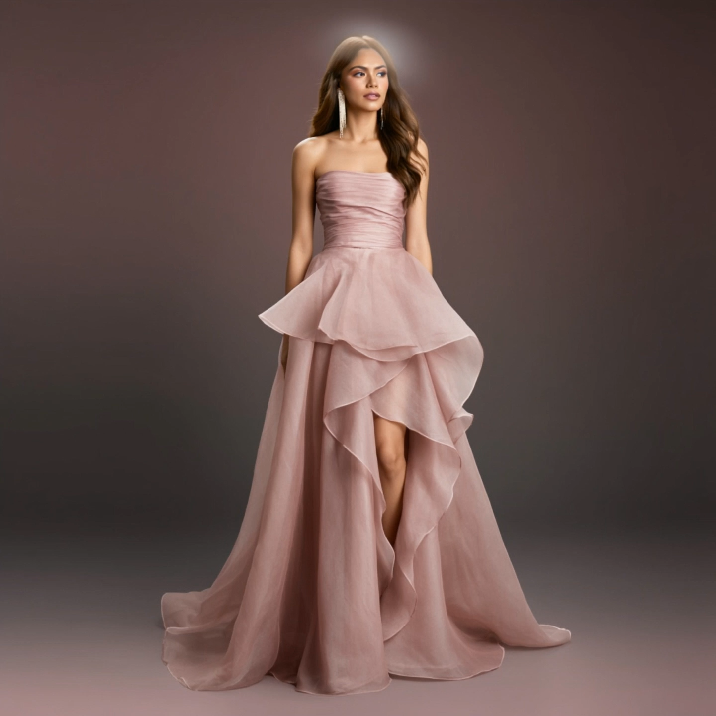 Formal Evening Tiered Dress Pink Strapless Floor-Length Gown