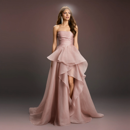Formal Evening Tiered Dress Pink Strapless Floor-Length Gown