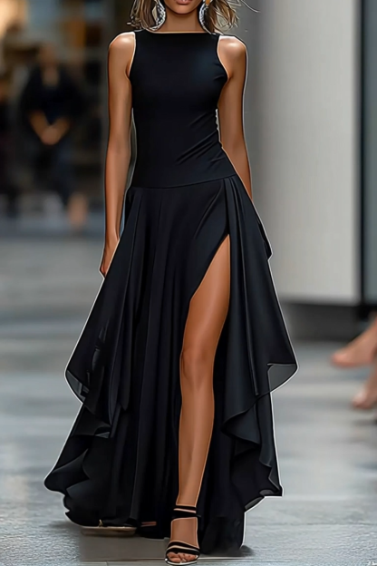 Elegant Black Sleeveless Dress High Slits Slim Fit Chic Midi Dress