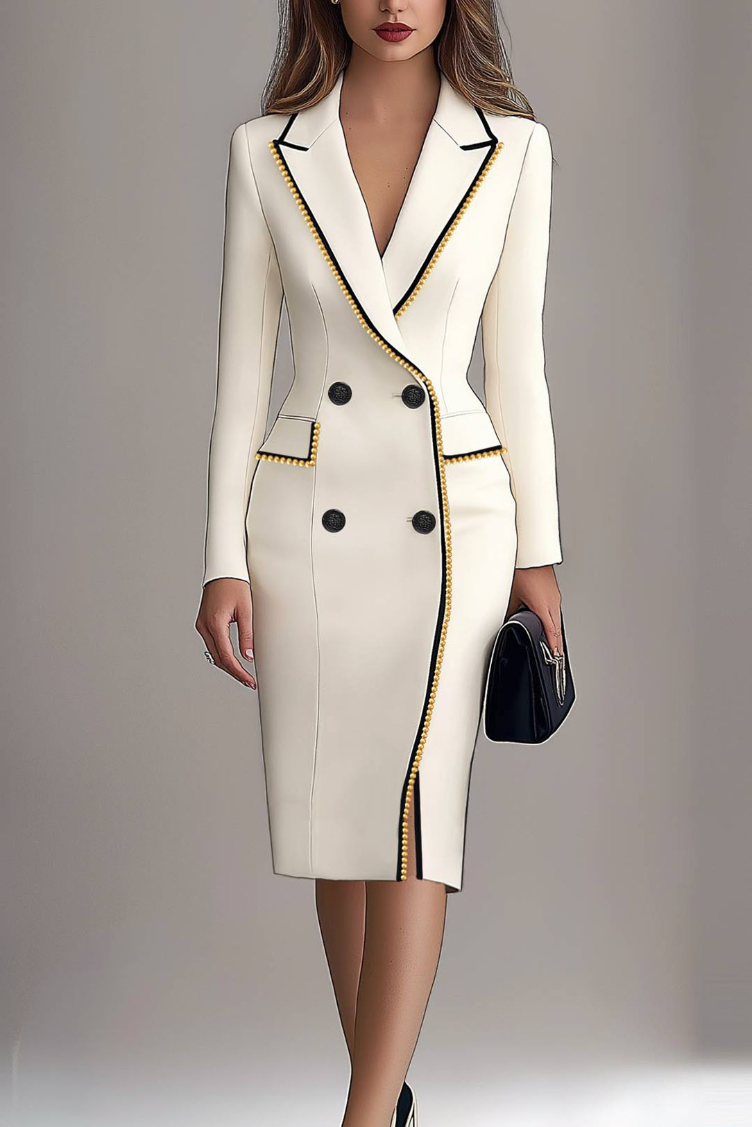 Work Business Blazer Dress Lapel Pearl Long Sleeve Midi Dress