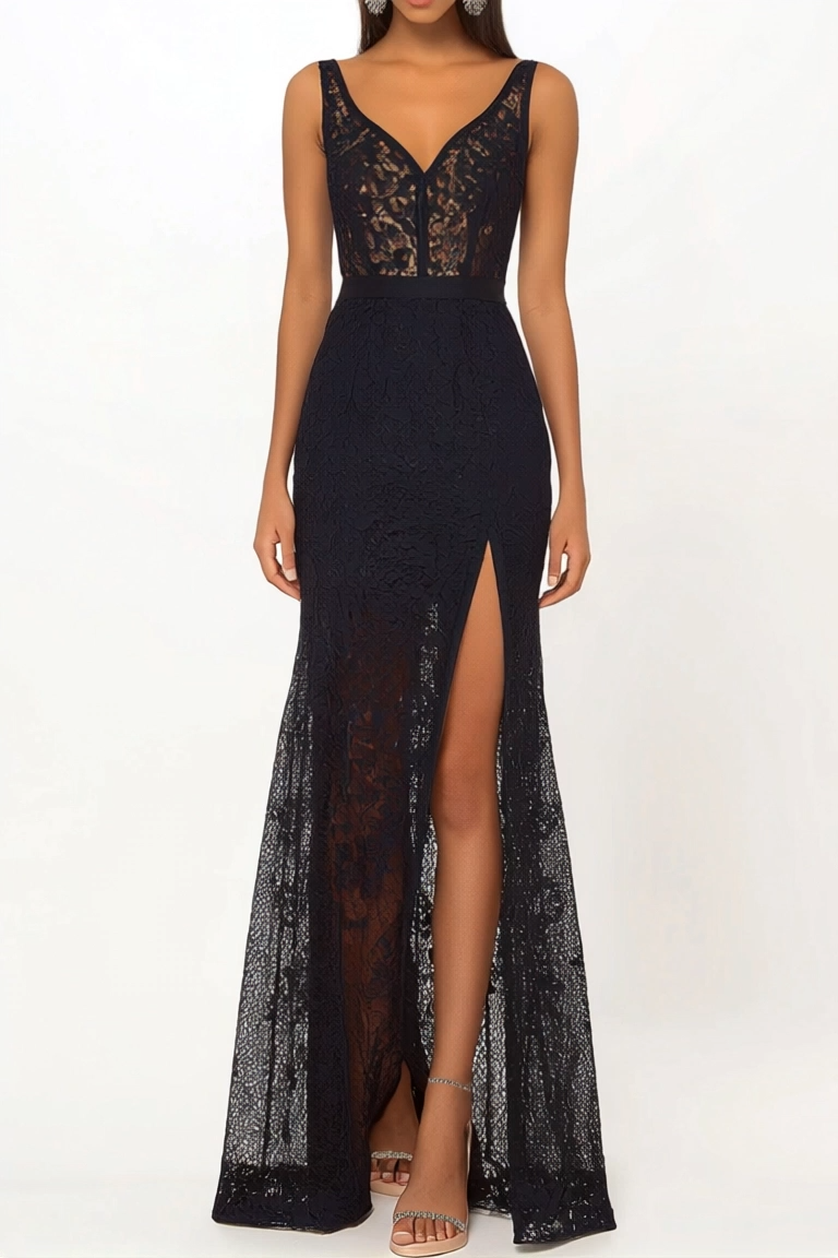 Party Lace Dress V-neck Sleeveless Black Side Slit Floor-Length Dress