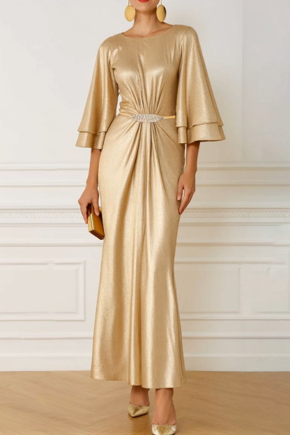 Formal Party Dress Gold Round Neck Ruffle Sleeve Belted Maxi Dress
