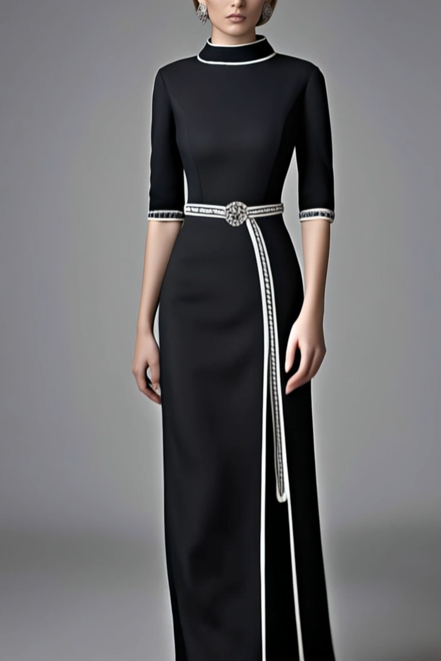 Semiformal Party Black Dress Stand Neck Slit Half-Sleeve Maxi Dress