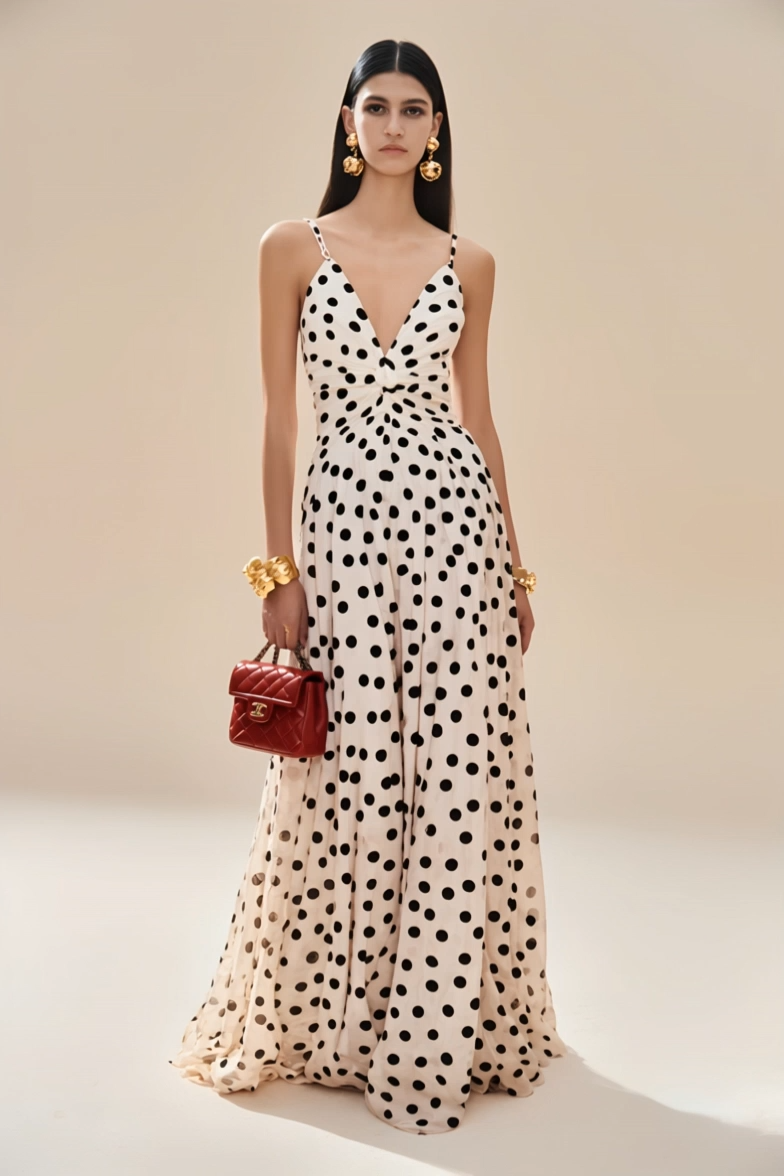 Holiday Party White Dress Spaghetti Strap Black Polka Dot Floor-Length Gown