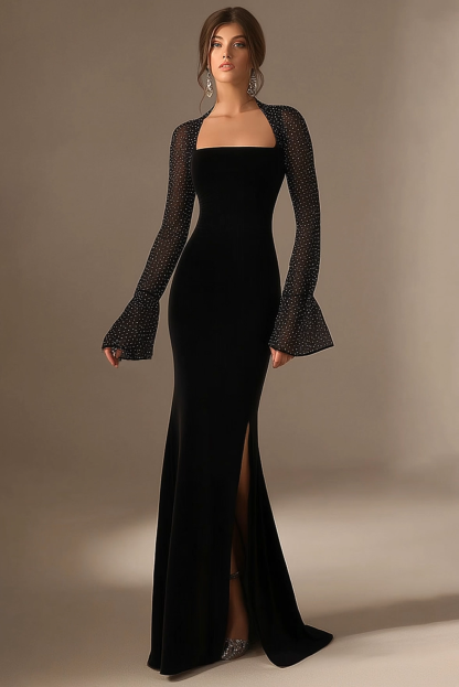 Formal Evening Dress Black Square Neck Dot Chiifon Maxi Dress
