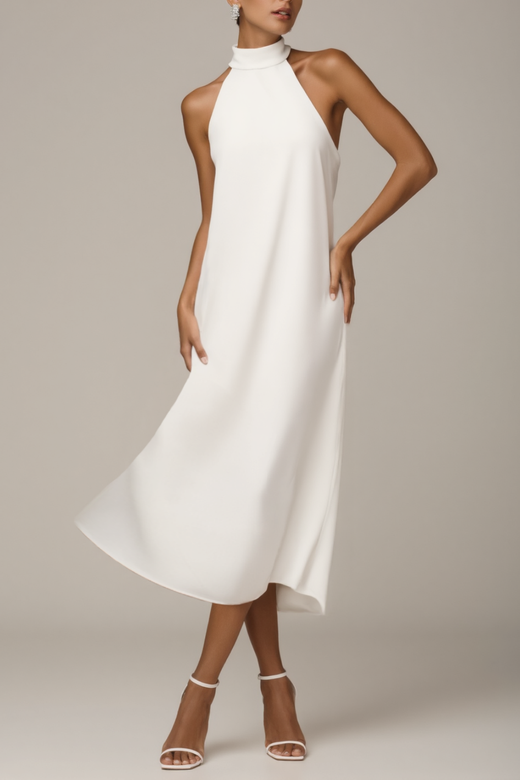 ​Semi Formal ​Dress White Halter Neck Tea-Length Dress