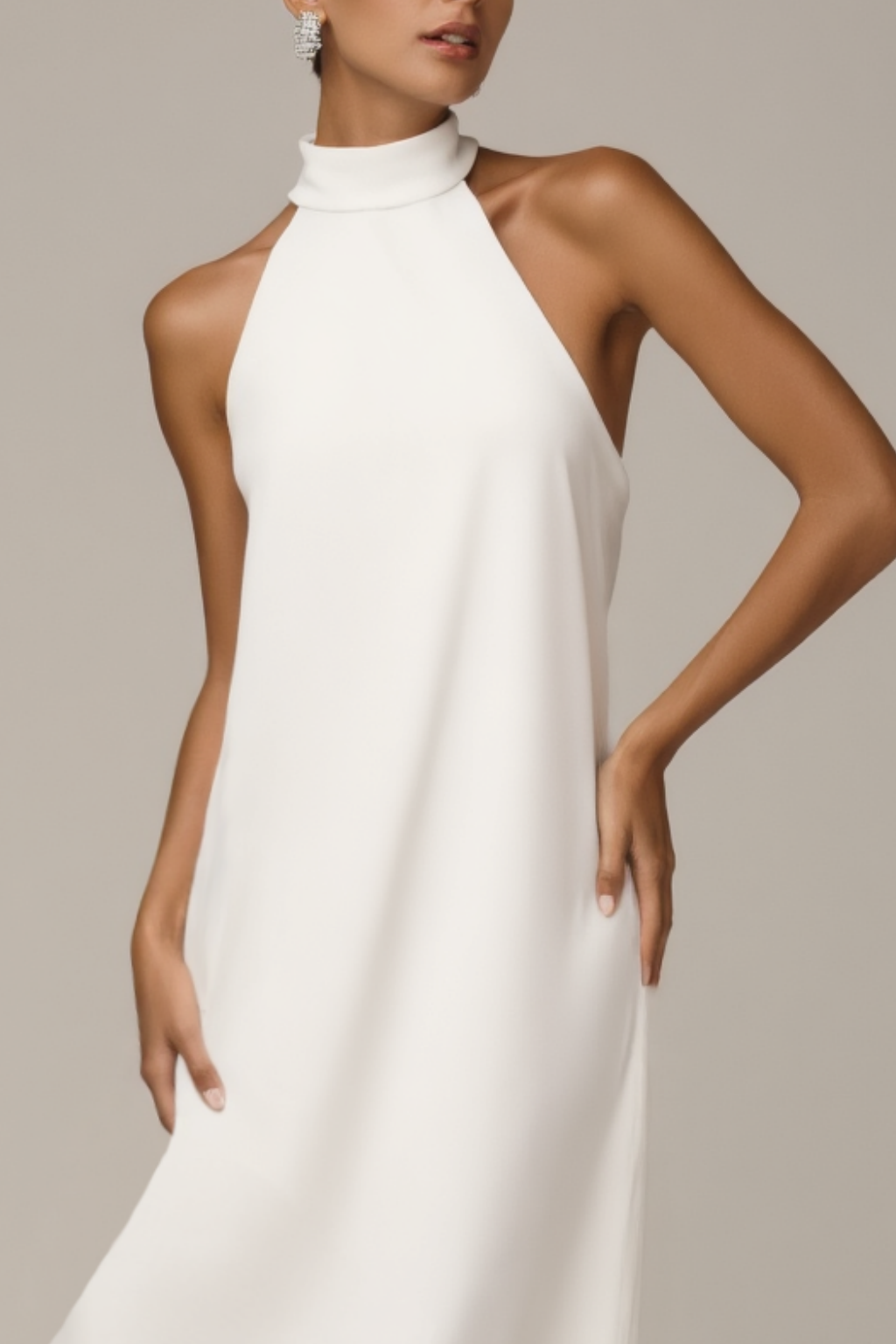 ​Semi Formal ​Dress White Halter Neck Tea-Length Dress