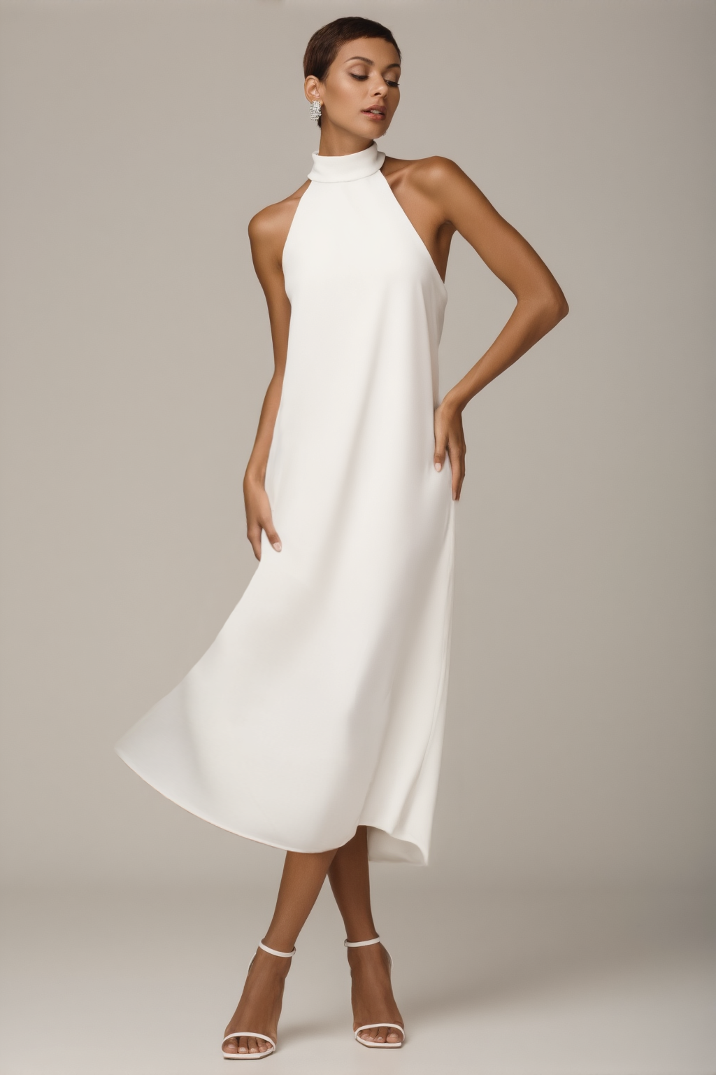 ​Semi Formal ​Dress White Halter Neck Tea-Length Dress