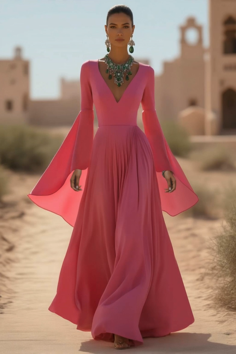 Formal Evening Dress Pink Flare Cuff Sleeve V Neck Floor-Length Gown