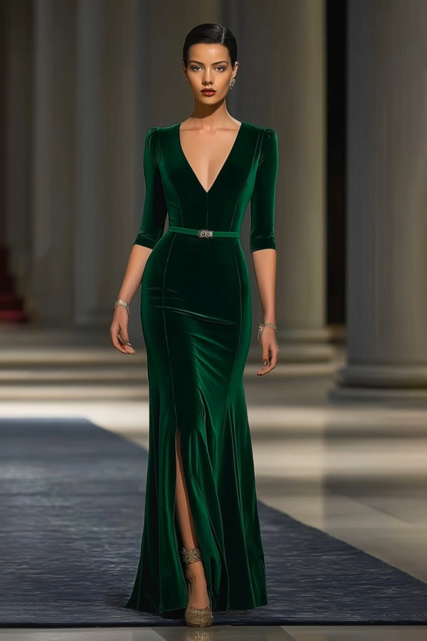 Formal Evening Dress Green V Neck Velvet Maxi Dress