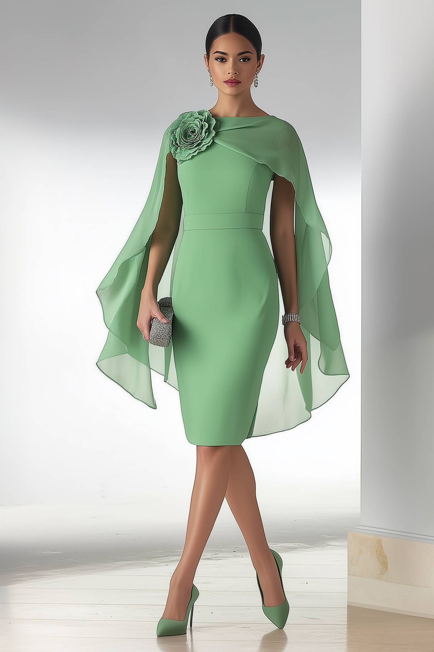 Mother of th Bride Dress Green Crew Neck 3D Floral Knee-Length Dress