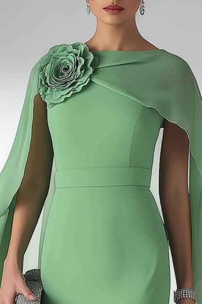 Mother of th Bride Dress Green Crew Neck 3D Floral Knee-Length Dress