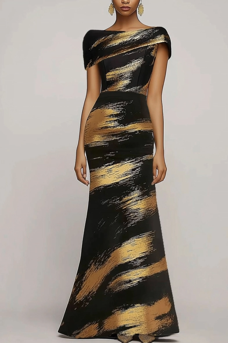 Evening Black Gold Dress Print Asymmetric Off-Shoulder Slim Dress