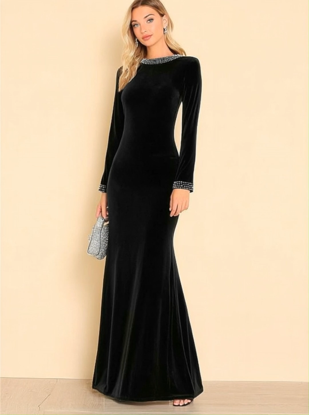 Formal Evening Dress Black Crew Neck Velvet Maxi Dress