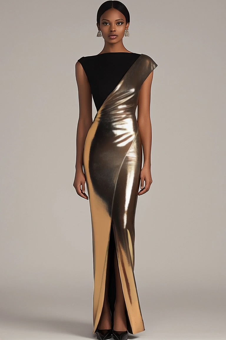 Formal Evening Dress Black Gold Metallic Sleeveless Slit Maxi Gown