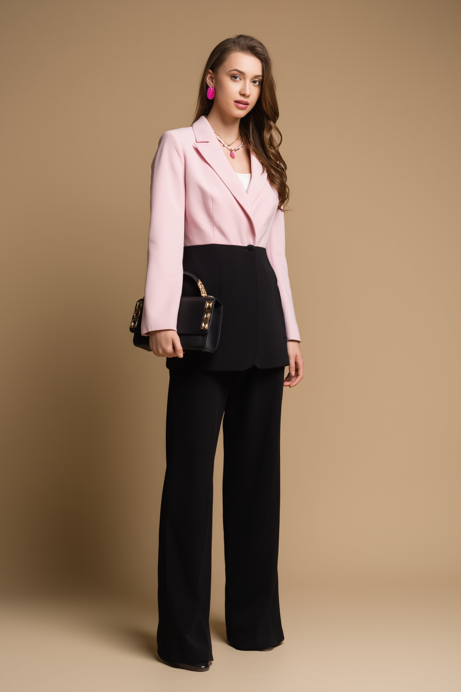 Work Suit Sets Pink Lapel Colorblock Pants Set