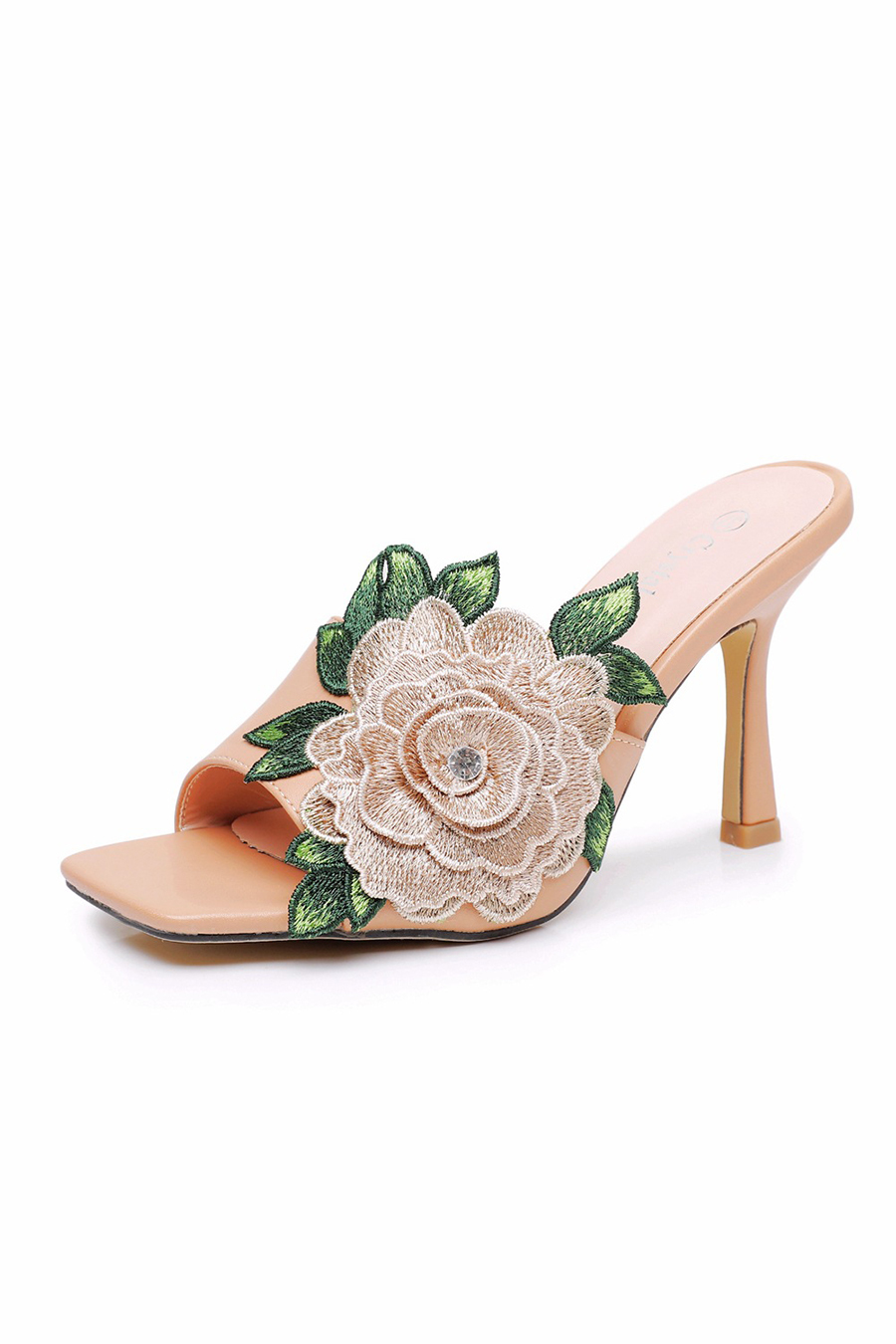 White Square-Toe Mule Heels Rose Flower Leaf Embroidery-chiclody