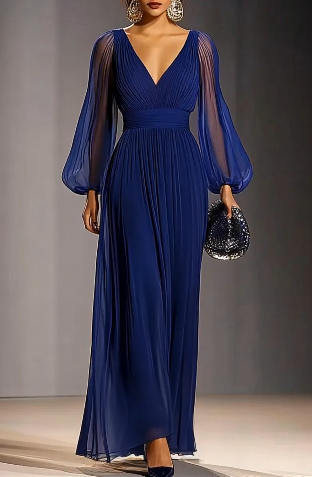 Daily Work Blue Mesh Dress V Neck Pleat Maxi Dress   Mother of the Bride Dress