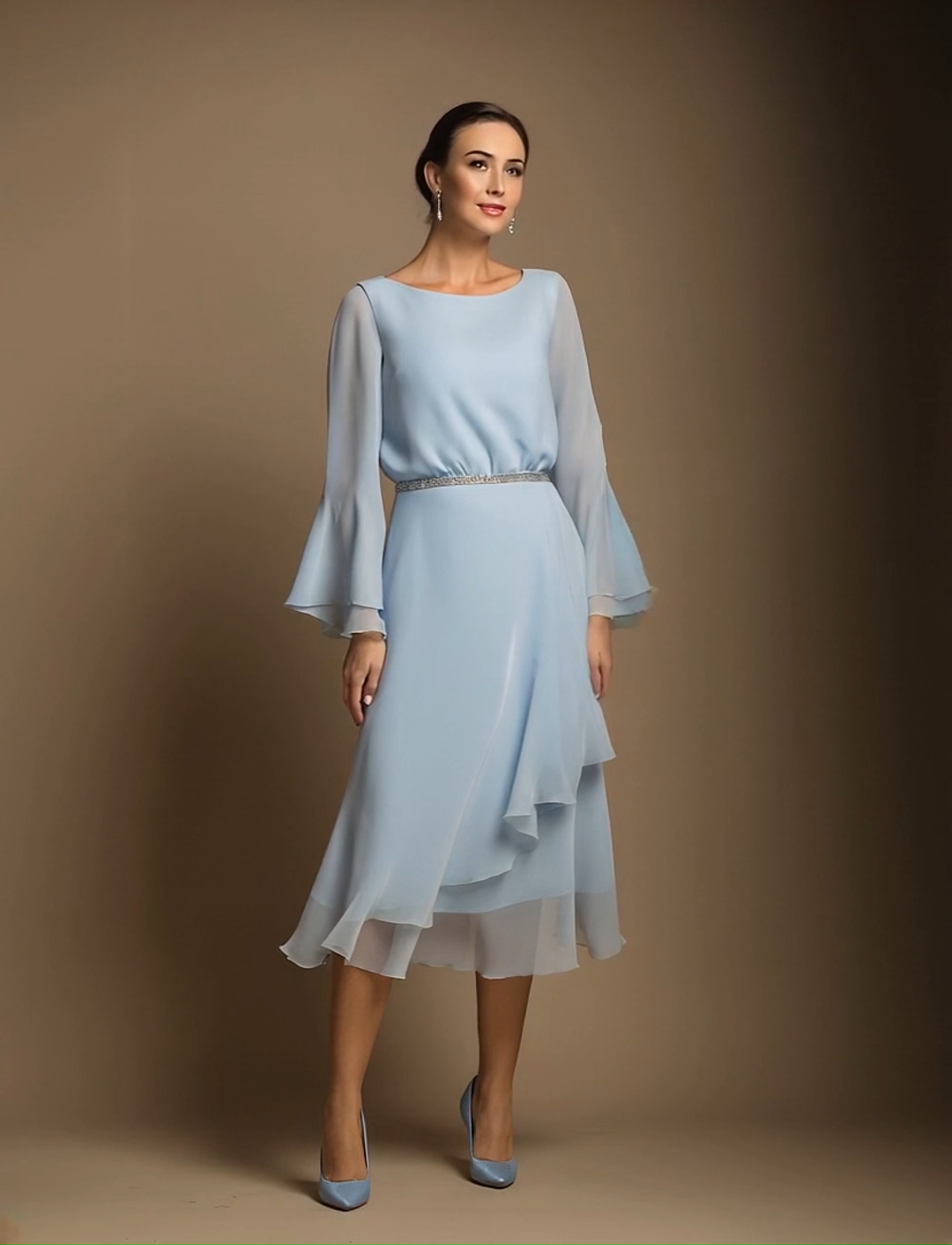 Daily Party Chiffon Dress Light Blue Round Neck Long Sleeve Ruffle Midi Dress