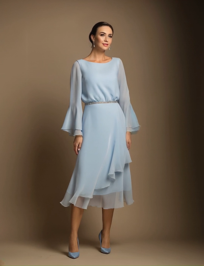 Daily Party Chiffon Dress Light Blue Round Neck Long Sleeve Ruffle Midi Dress
