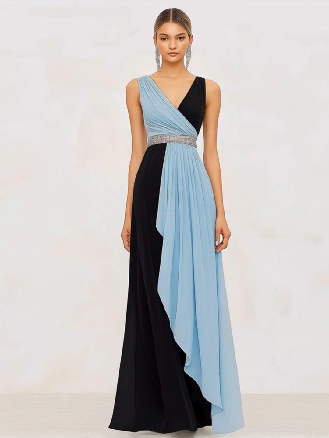 Evening Formal Dress Blue Black V-Neck Rhinestone Waistband Floor-Length Dress