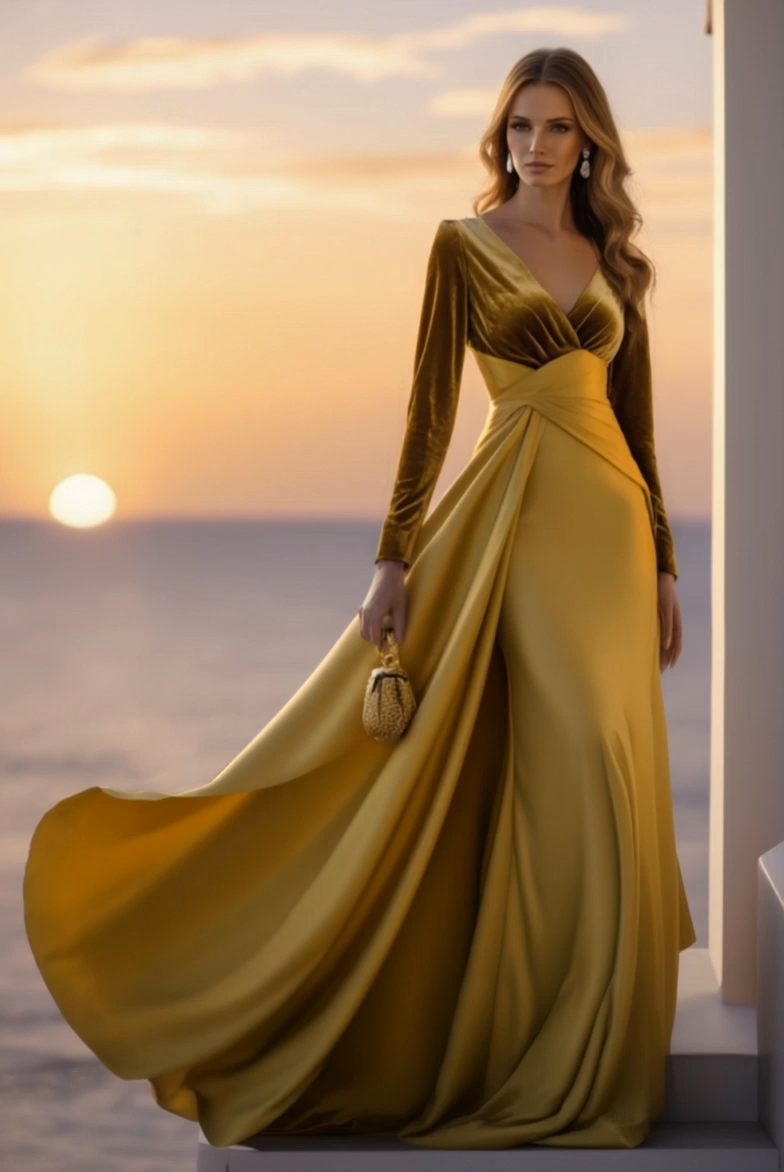 Evening Golden Velvet Maxi Dress V-Neck Long Sleeve Gown with Train