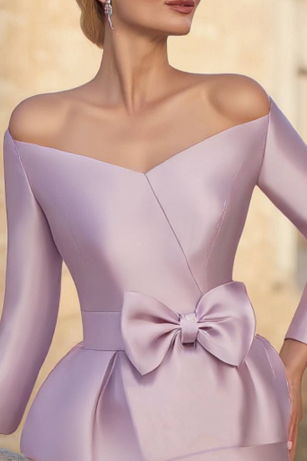 Mother of th Bride Dress Purple Off Shoulder Bow Knee-Length Dress