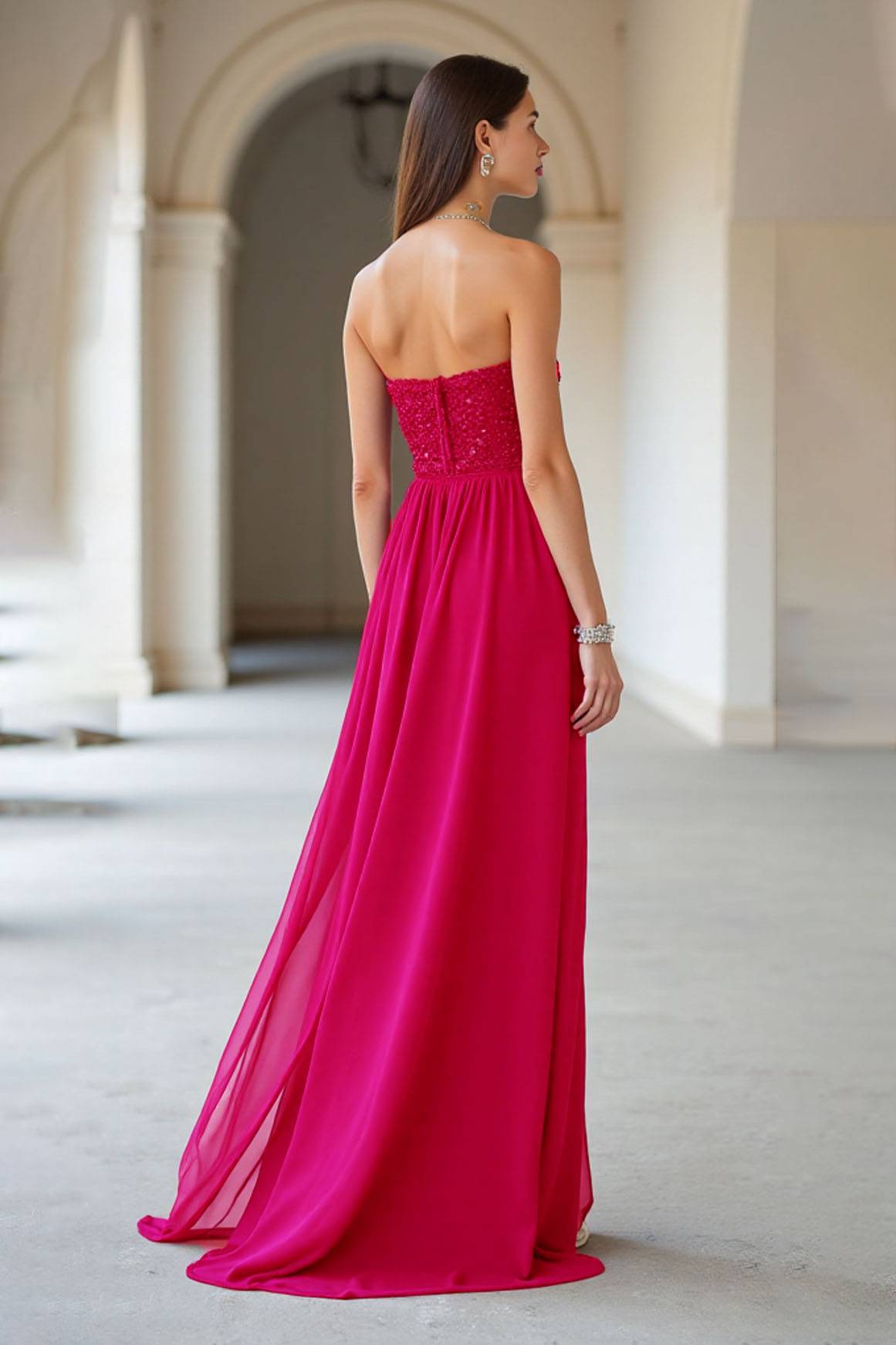 Evening Strapless Dress Rose Red Chiffon Floor-Length Dress