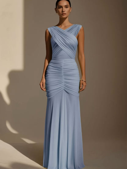 Evening Formal Dress​​ Blue V Neck Ruched Maxi Dress