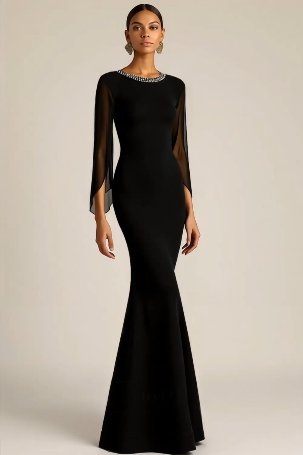  Formal Dress Black Mermaid Beaded Crew Neck Maxi Dress 