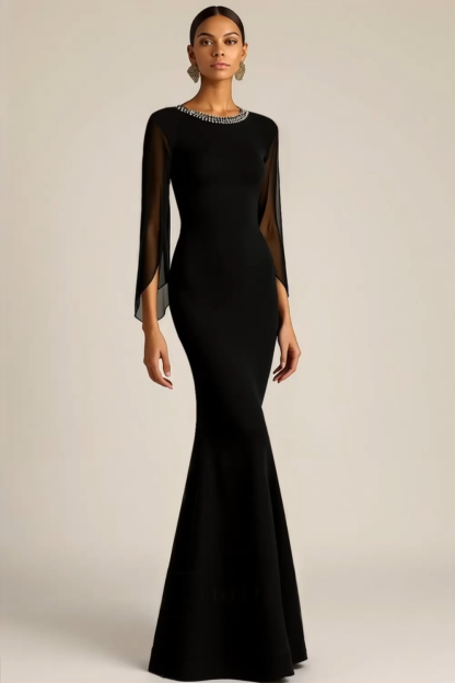  Formal Dress Black Mermaid Beaded Crew Neck Maxi Dress 