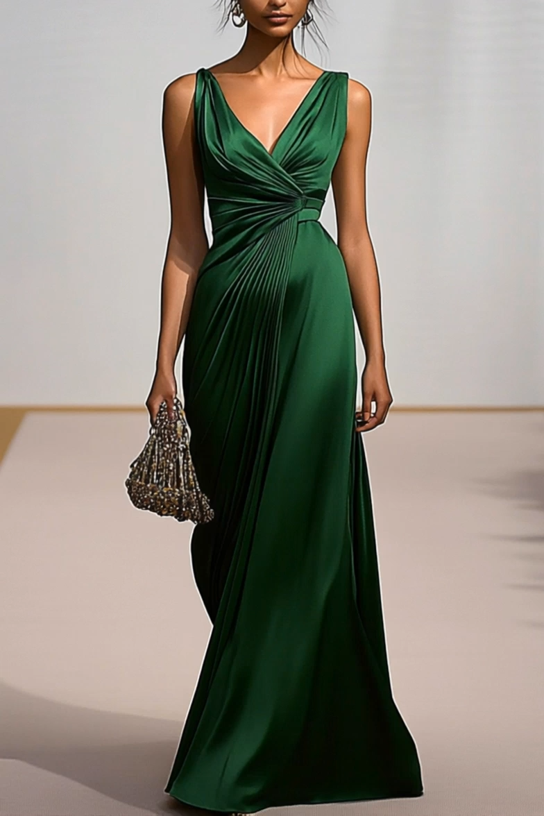 Deep V Formal Dress Green Pleating Maxi Dress Mother of the Bride Dress