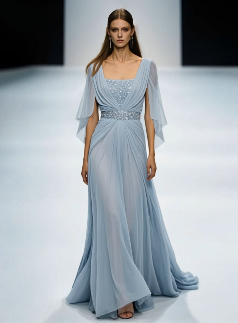 Evening Dress Light Blue Rhinestone Chiffon Floor-Length Gown