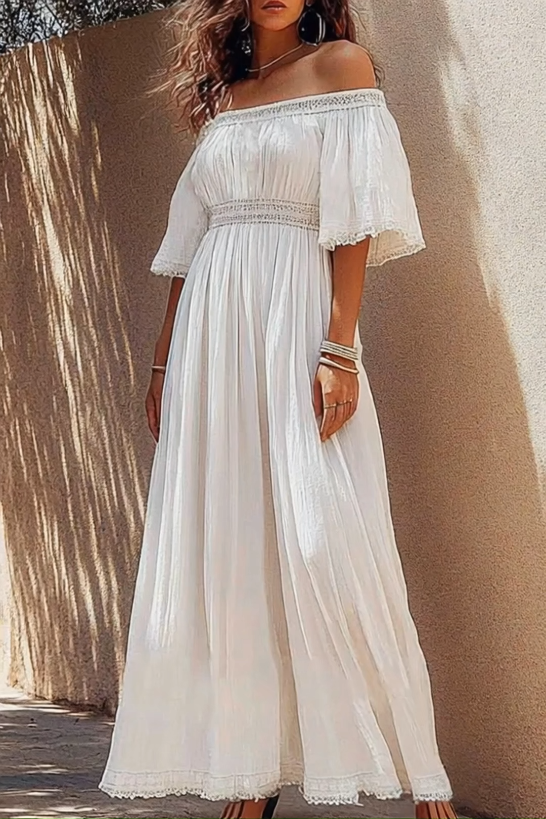 Vacation Casual Linen Dress White Off Shoulder Embroidered Maxi Dress