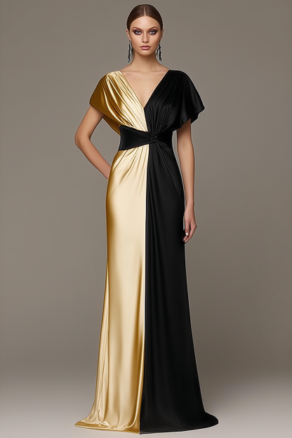 Formal ​Evening Dress Black V Neck Colorblock Maxi Dress
