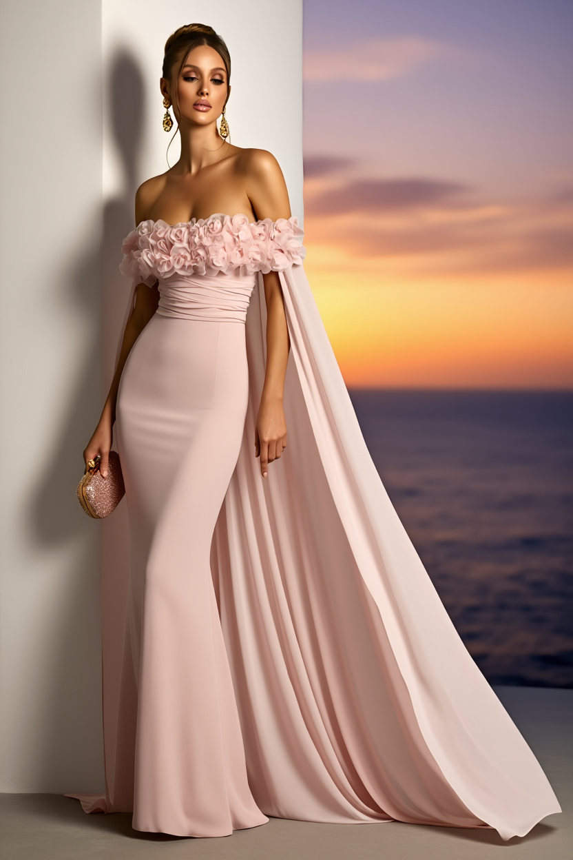 Formal Dress Pink Off Shoulder 3D Floral Cape Maxi Dress