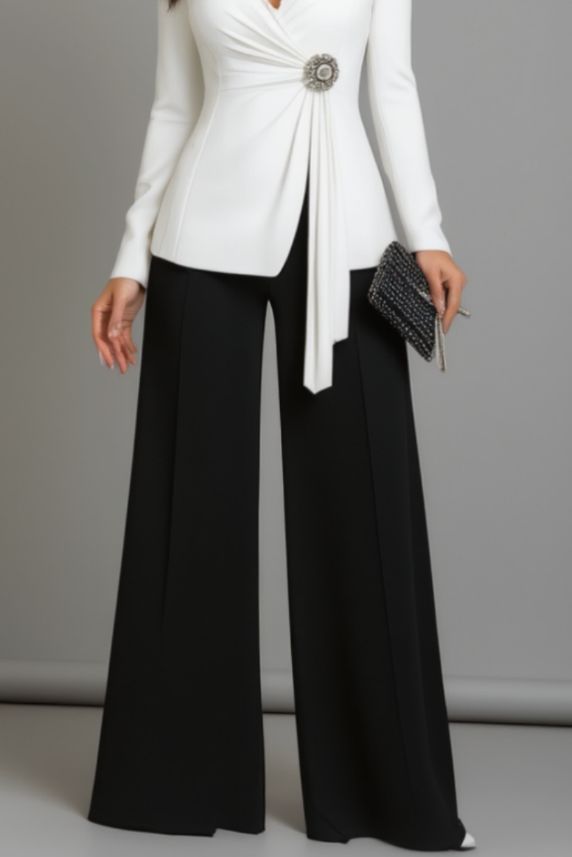 Work Outfit Sets Black White V Neck Pants Set