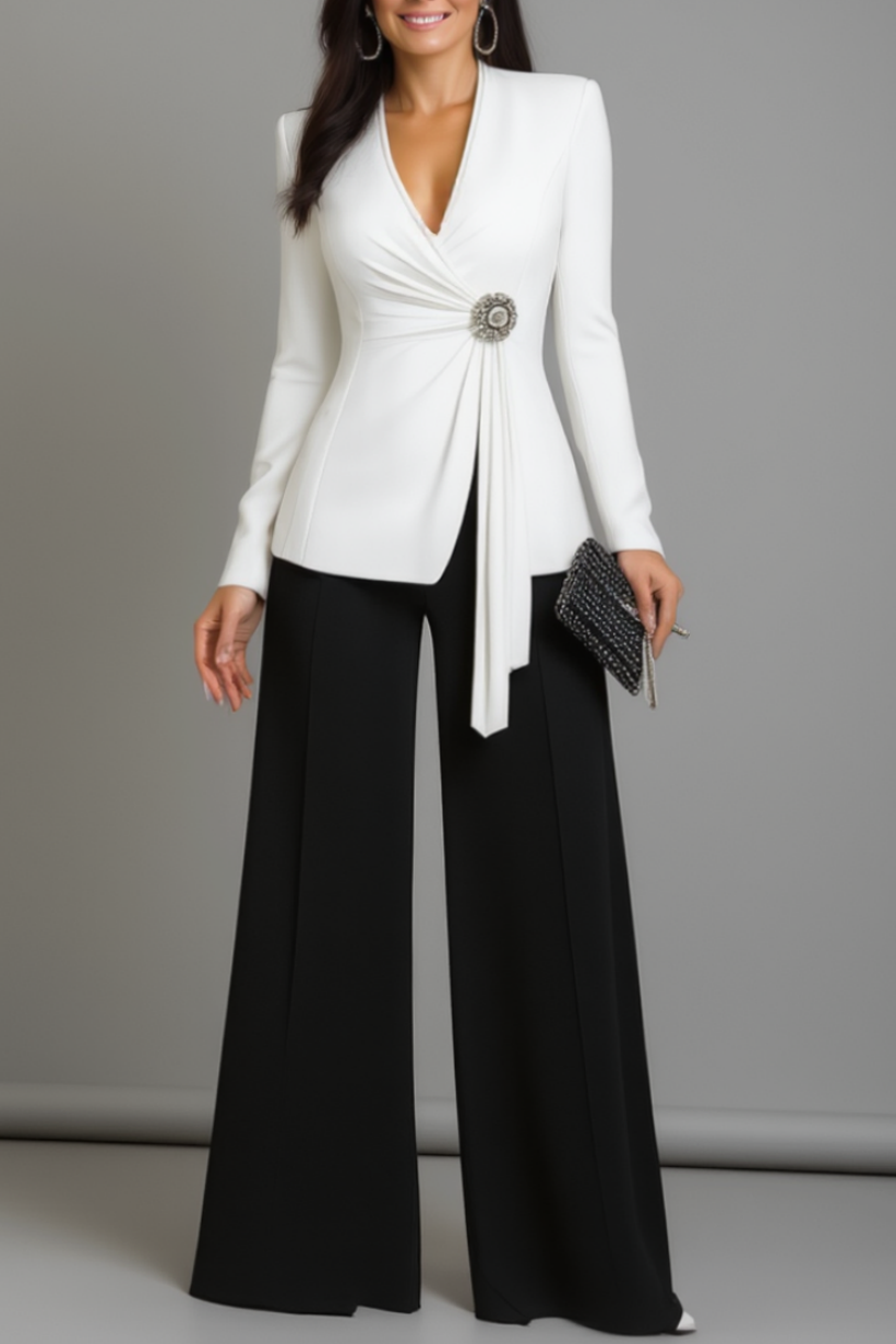 Work Outfit Sets Black White V Neck Pants Set