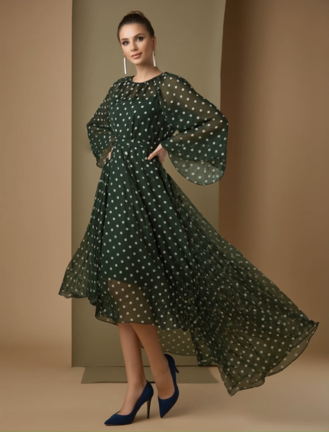 Daily Party Chiffon Dress Green White Polka Dot Maxi Dress